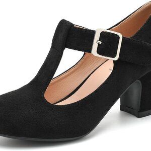 Women's Faux Suede T-Strap Mary Jane Pumps Low Block Heels Dress Wedding Office